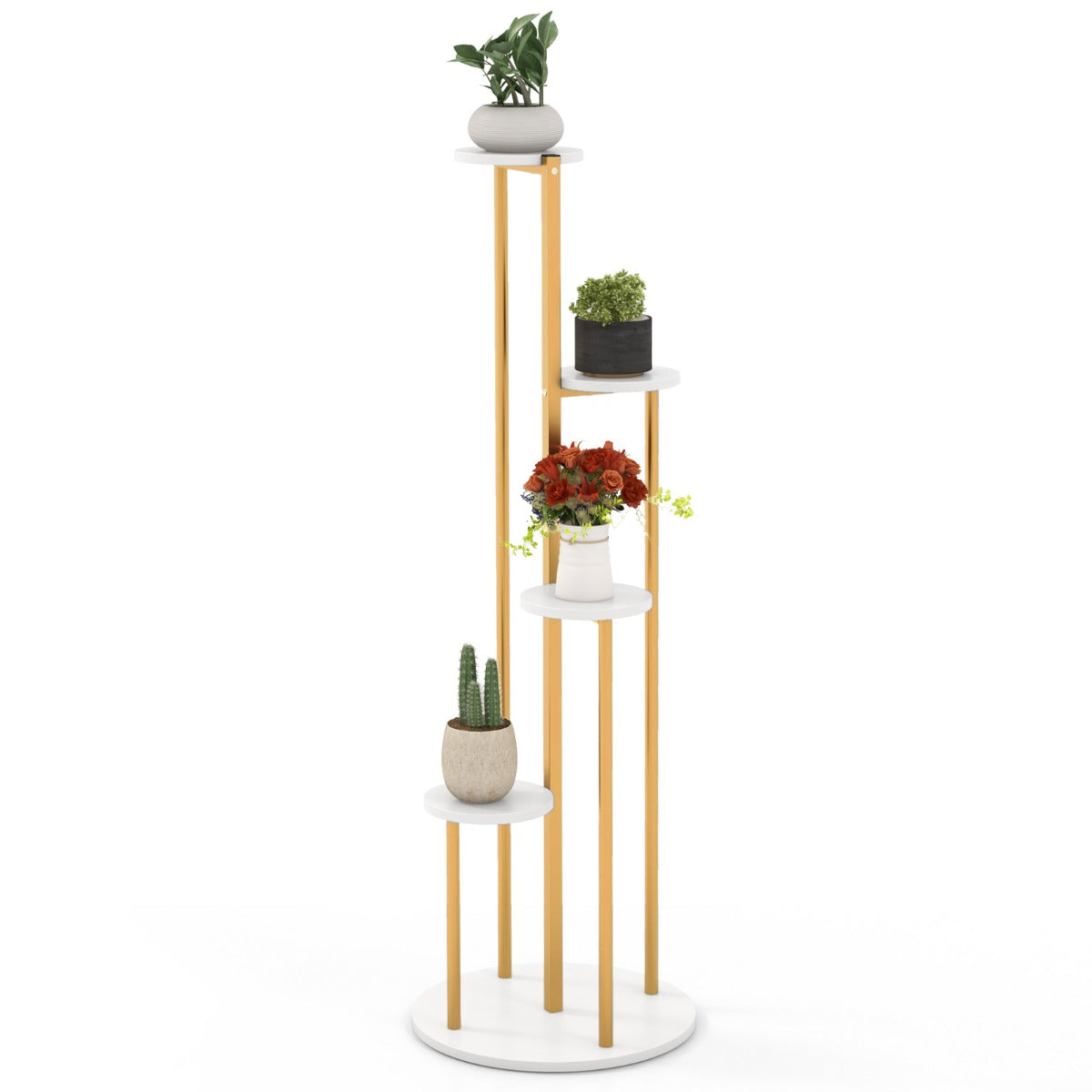 White faux marble-style plant stand with a gorgeous golden frame adds elegance to contemporary interiors