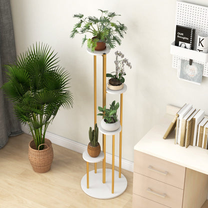 Space-saving corner plant rack offers high-low storage for plants and accessories without taking much floor area