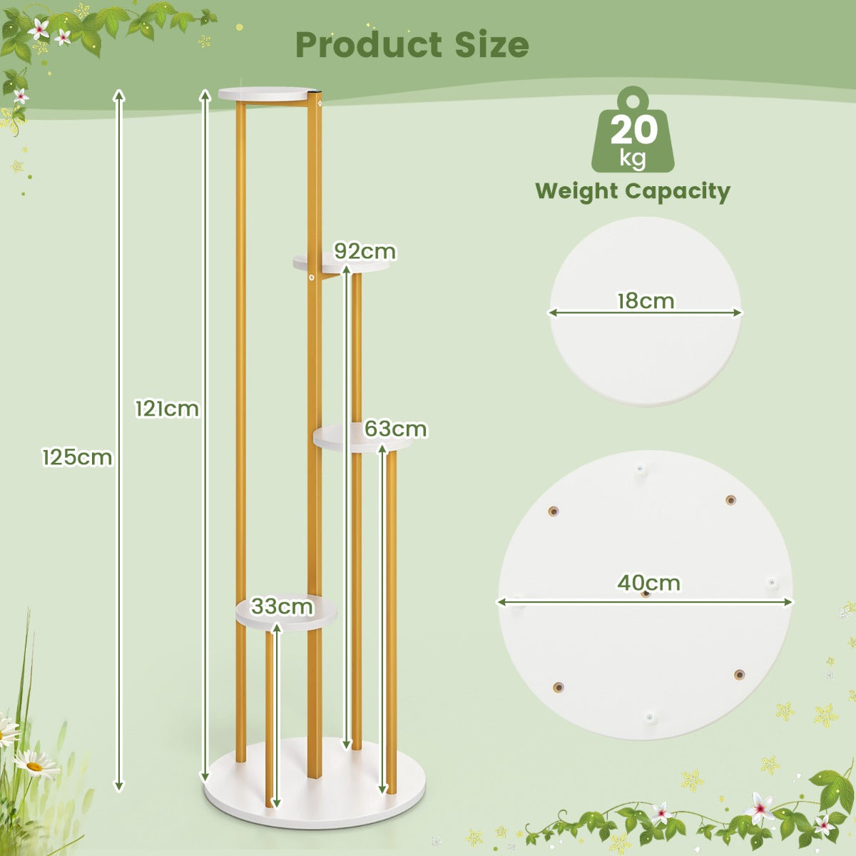 Five-tier corner plant stand with white MDF shelves and a golden metal frame for stylish indoor displays