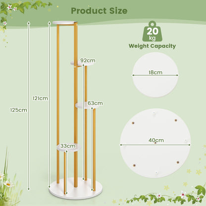 Five-tier corner plant stand with white MDF shelves and a golden metal frame for stylish indoor displays