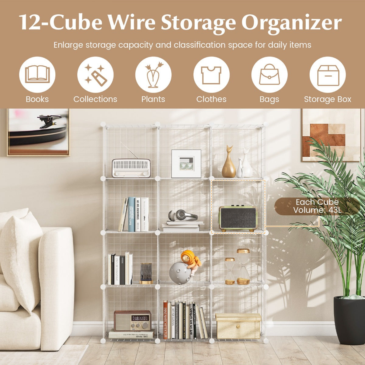 12-Cube Freestanding Metal Wire Storage Organizer, White, 0.35m x 0.35m Grids