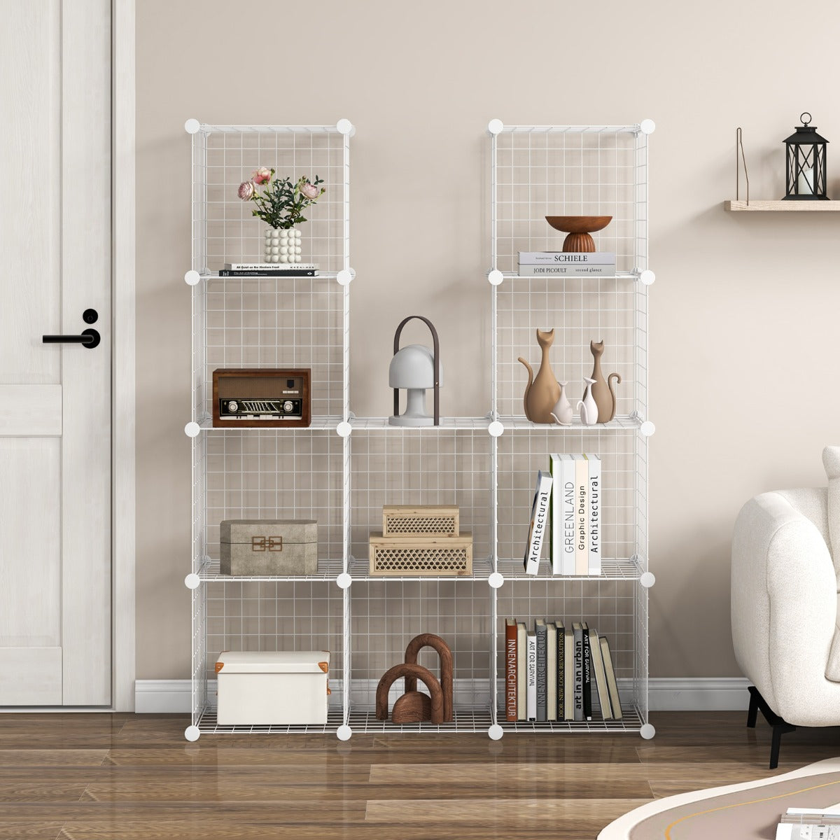 12-Cube Freestanding Metal Wire Storage Organizer, White, 0.35m x 0.35m Grids