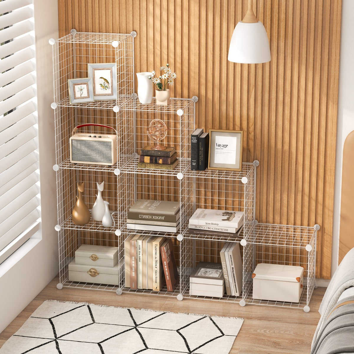 12-Cube Freestanding Metal Wire Storage Organizer, White, 0.35m x 0.35m Grids