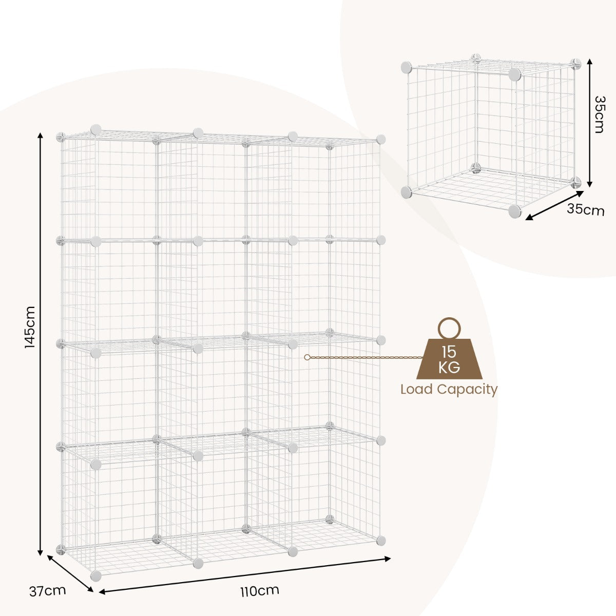 12-Cube Freestanding Metal Wire Storage Organizer, White, 0.35m x 0.35m Grids
