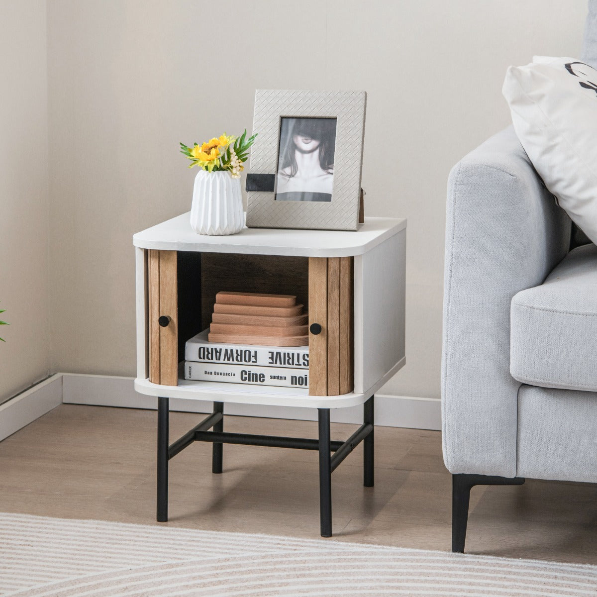 Costway Mid-century Modern Bedside Table with Storage Cabinet and Sliding Doors-White