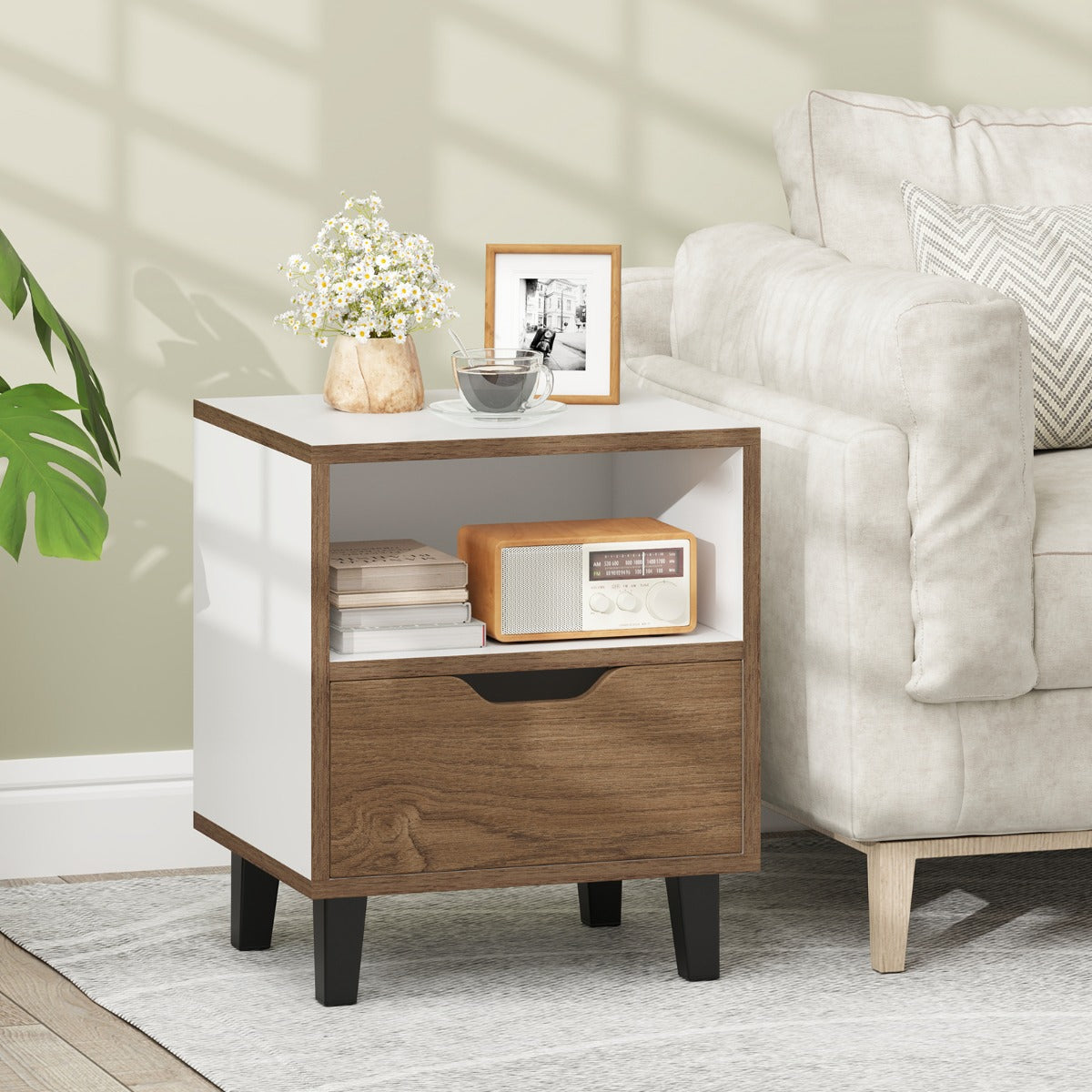 Mid Century Modern Nightstand with Drawer and Open storage Shelf-White-1 Pack