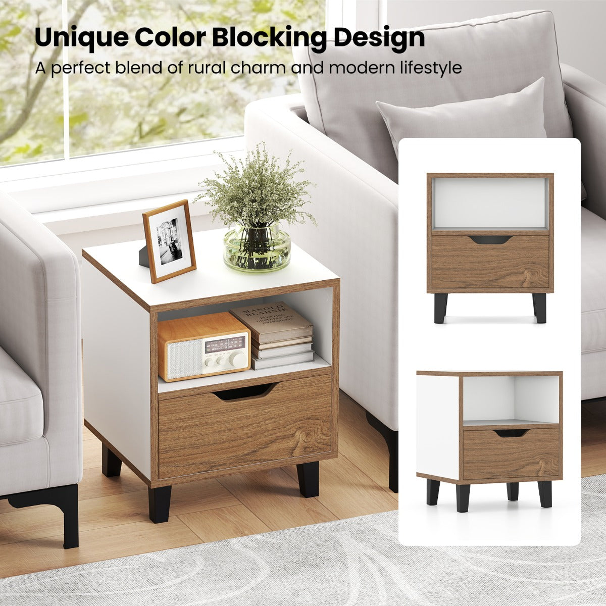 Mid Century Modern Nightstand with Drawer and Open storage Shelf-White-1 Pack