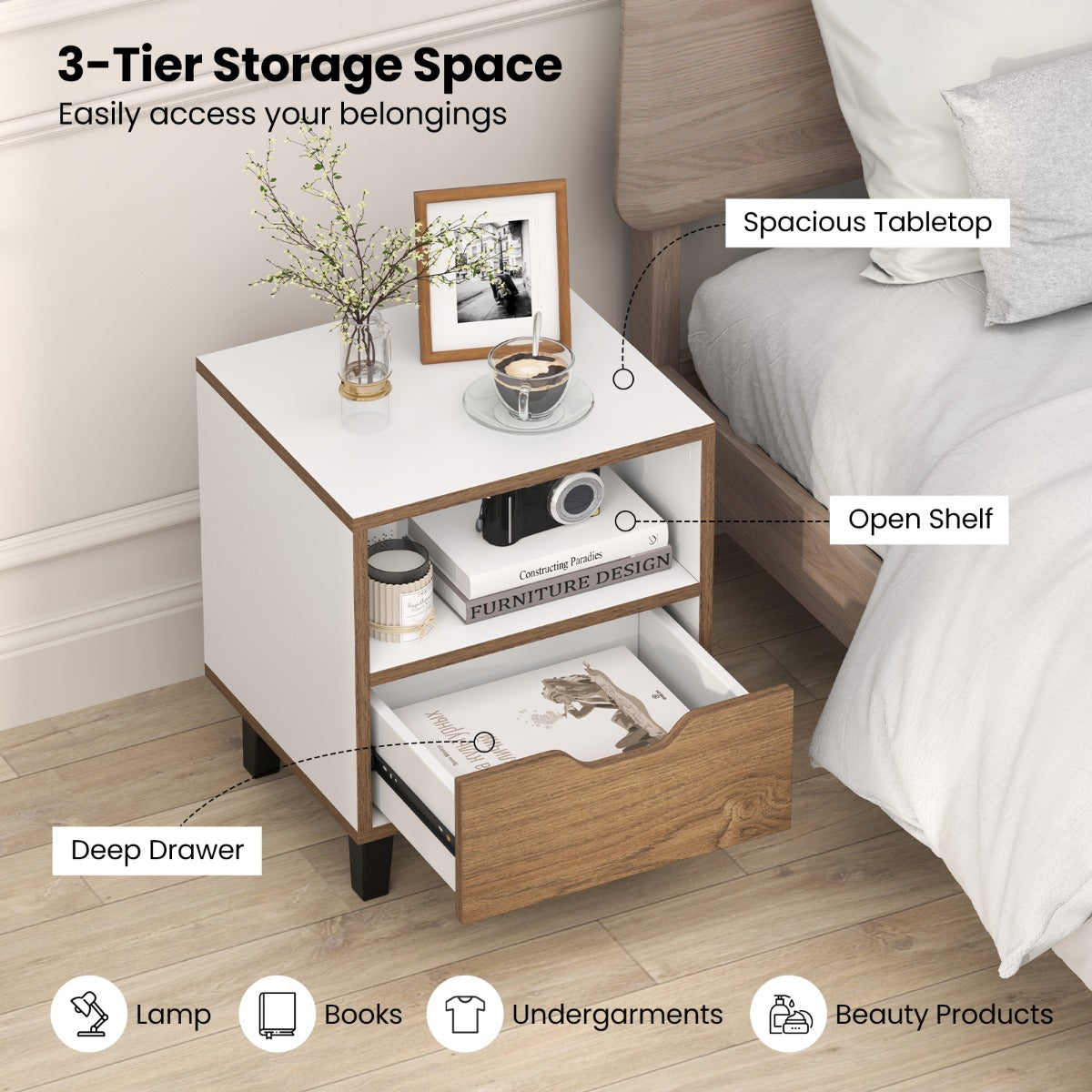 Mid Century Modern Nightstand with Drawer and Open storage Shelf-White-1 Pack