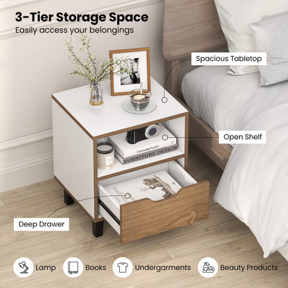 Mid Century Modern Nightstand with Drawer and Open storage Shelf-White-1 Pack