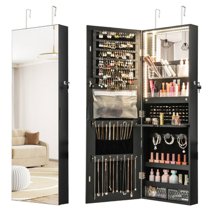 Lockable Mirror Jewelry Cabinet with 3-Colour LED Light-Black