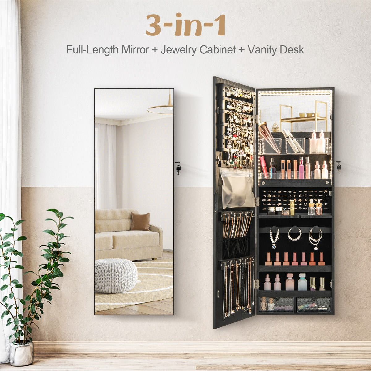Lockable Mirror Jewelry Cabinet with 3-Colour LED Light-Black