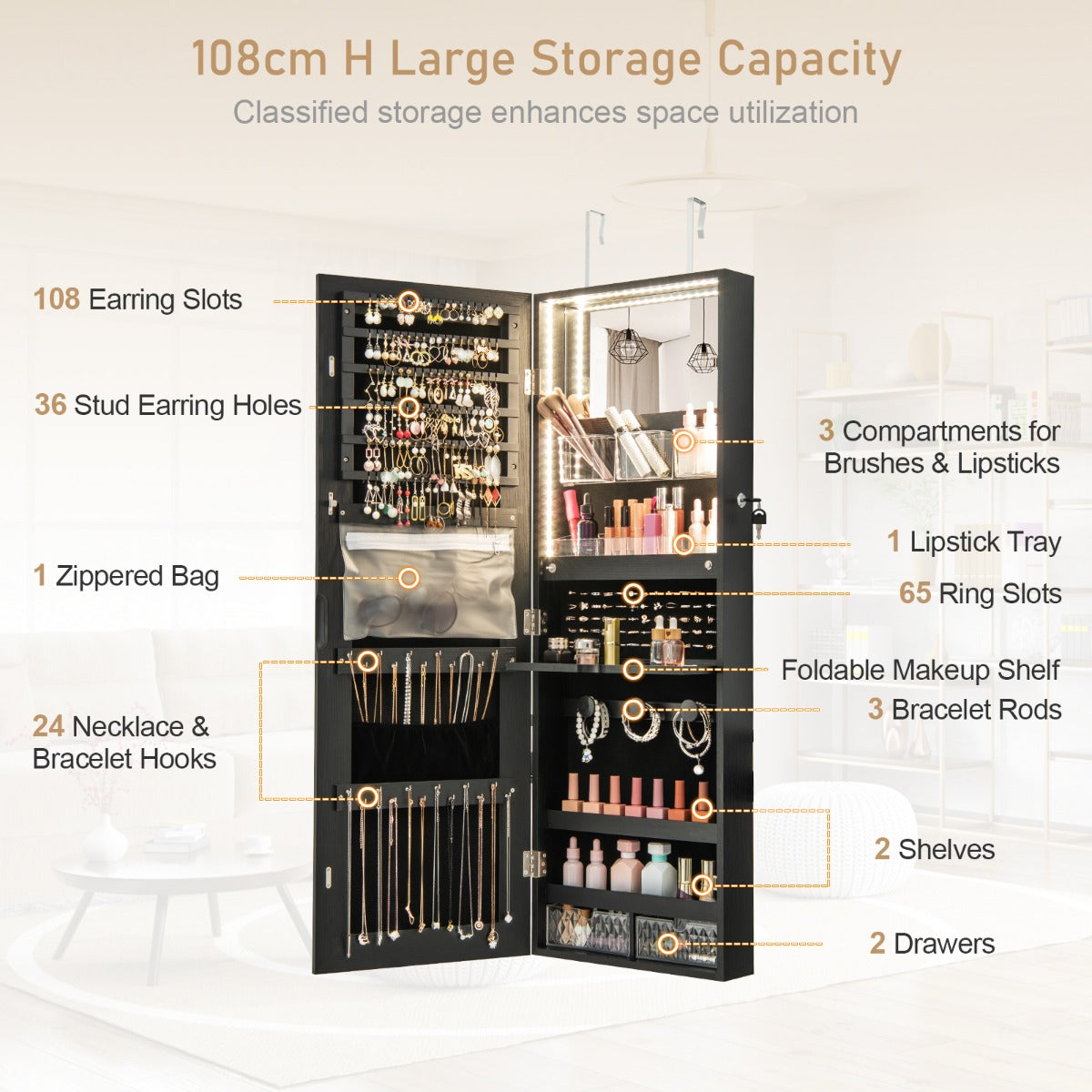 Lockable Mirror Jewelry Cabinet with 3-Colour LED Light-Black