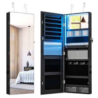 Lockable Mirror Jewelry Cabinet with 3-Colour LED Light-Black