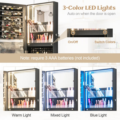 Lockable Mirror Jewelry Cabinet with 3-Colour LED Light-Black