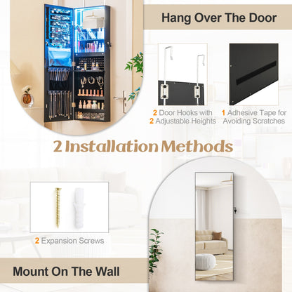 Lockable Mirror Jewelry Cabinet with 3-Colour LED Light-Black