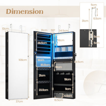 Lockable Mirror Jewelry Cabinet with 3-Colour LED Light-Black