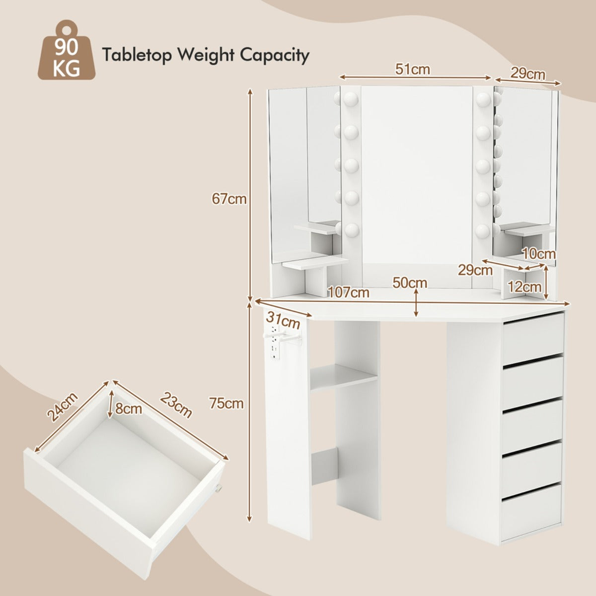Corner Makeup Vanity Desk with Lighted Mirror and Power Outlets-White