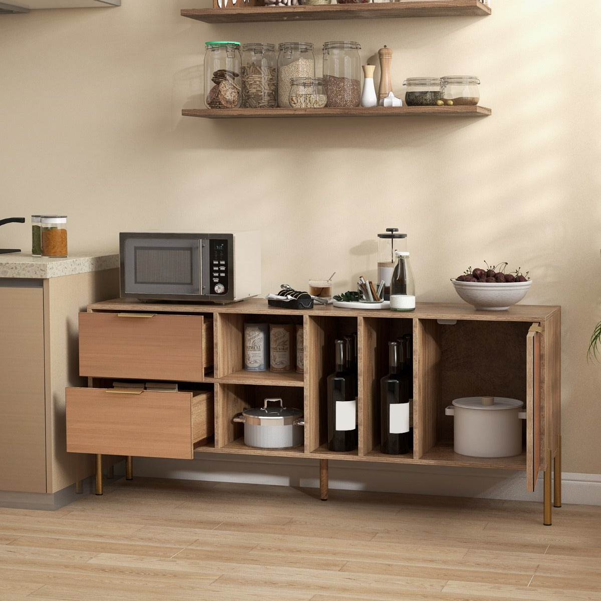 Mirrored Buffet Cabinet with 2 Drawers and 1 Door Natural-Natural