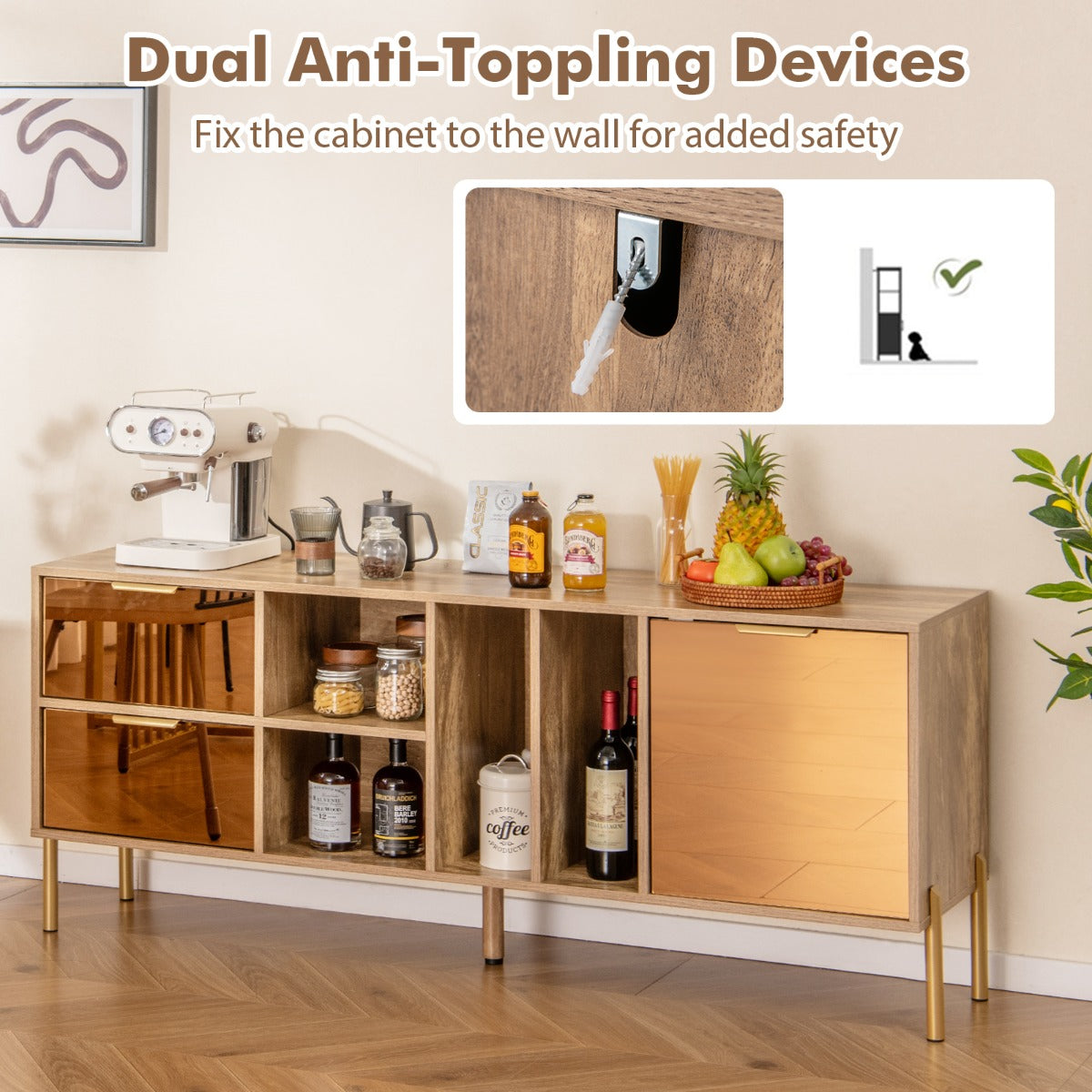 Mirrored Buffet Cabinet with 2 Drawers and 1 Door Natural-Natural