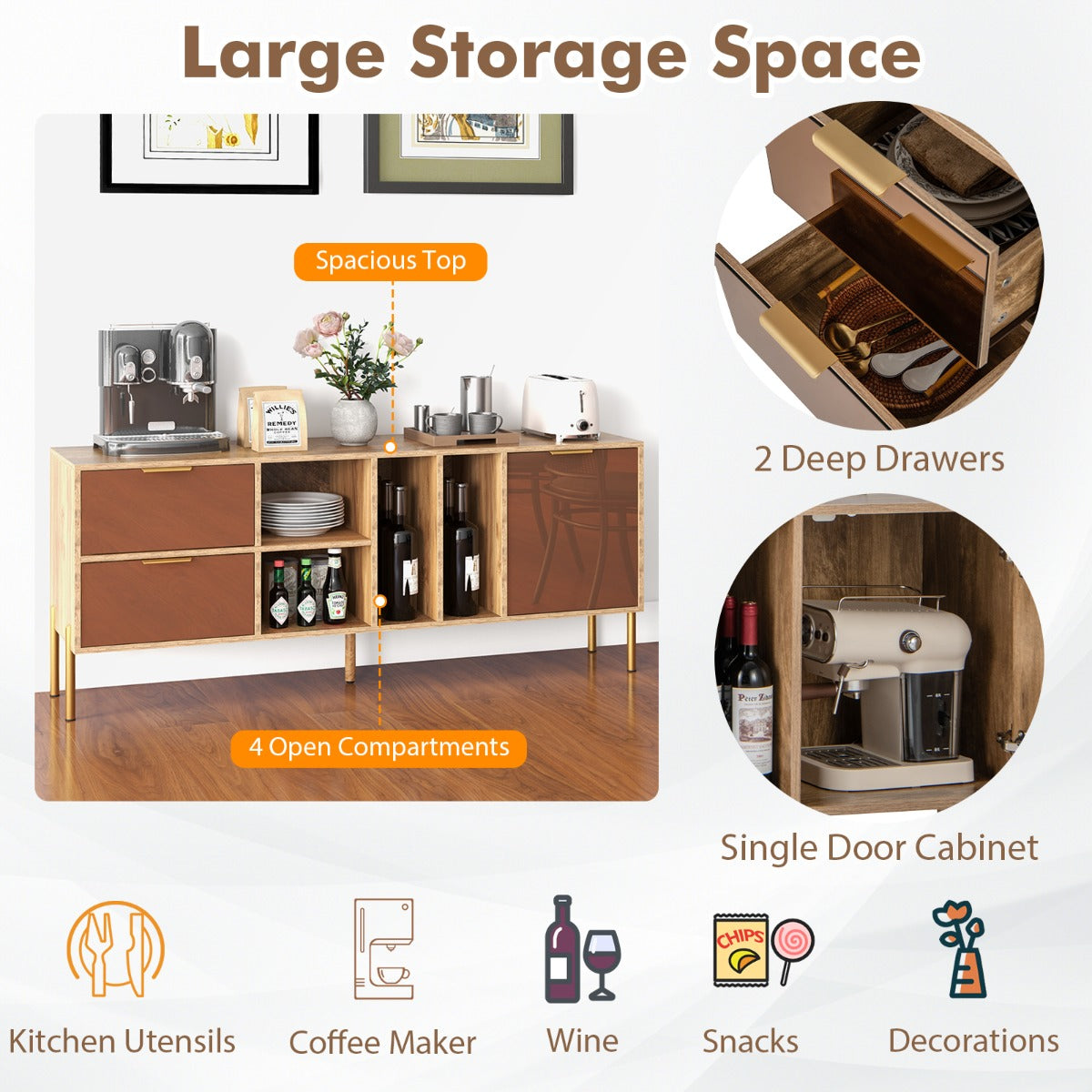 Mirrored Buffet Cabinet with 2 Drawers and 1 Door Natural-Natural