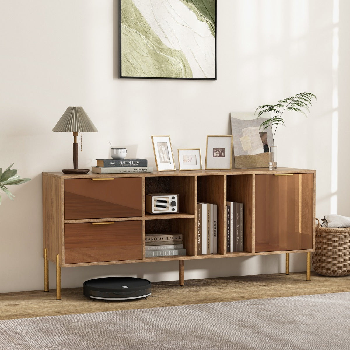 Mirrored Buffet Cabinet with 2 Drawers and 1 Door Natural-Natural