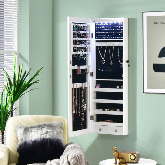 Mirrored Jewelry Storage Cabinet with 6 LED Lights and 2 Drawers-White