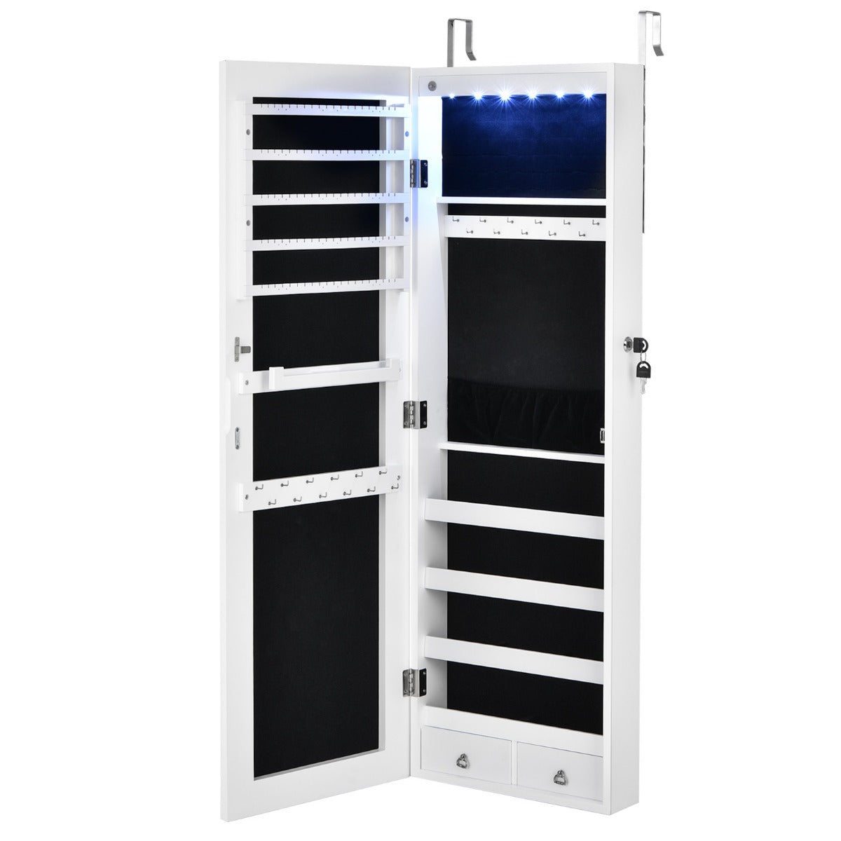 Mirrored Jewelry Storage Cabinet with 6 LED Lights and 2 Drawers-White