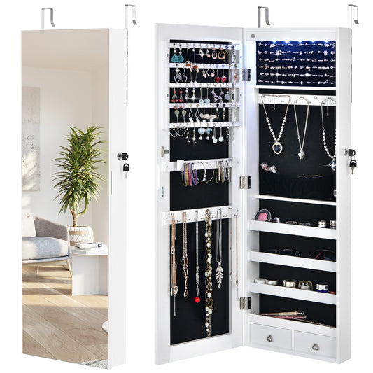 Mirrored Jewelry Storage Cabinet with 6 LED Lights and 2 Drawers-White
