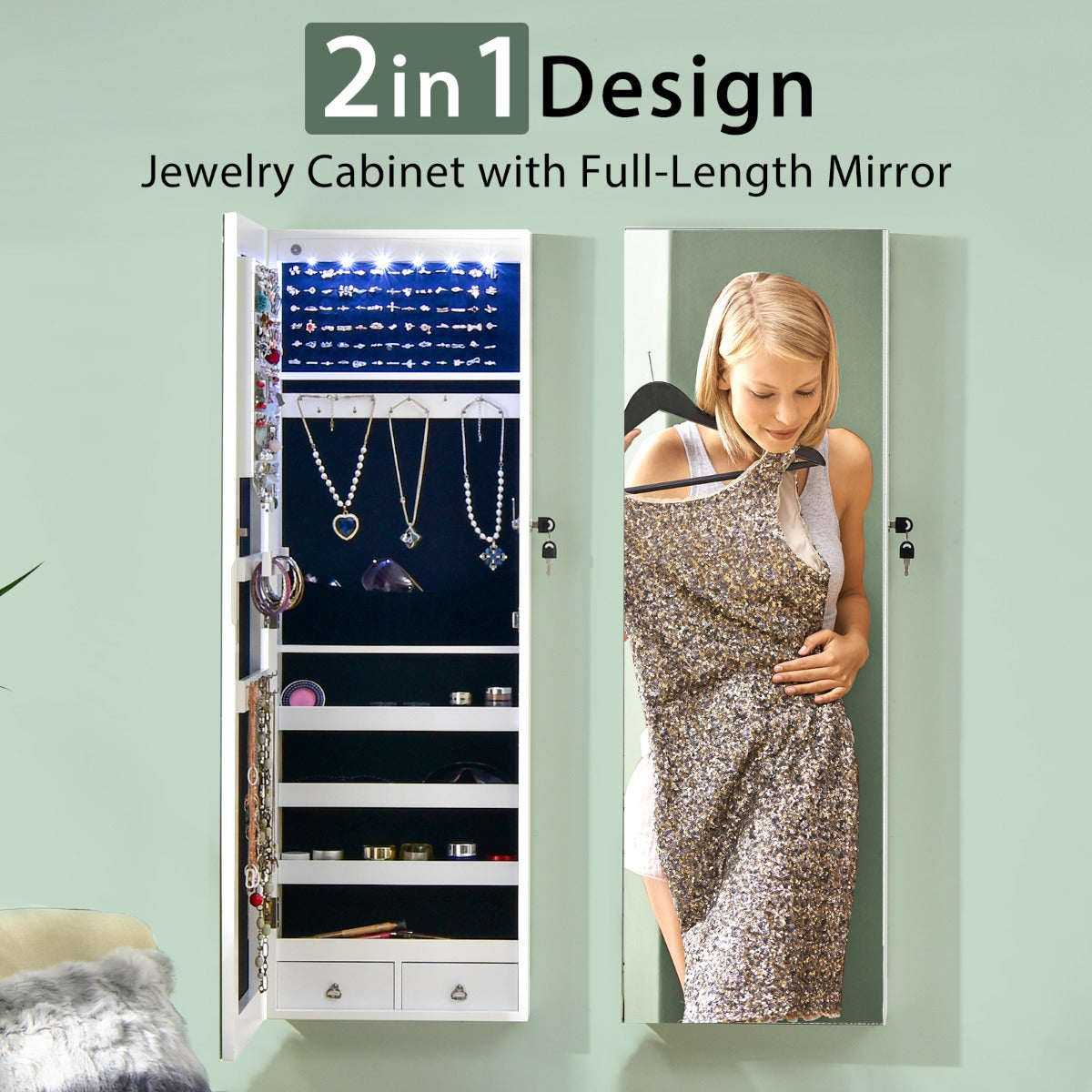 Mirrored Jewelry Storage Cabinet with 6 LED Lights and 2 Drawers-White