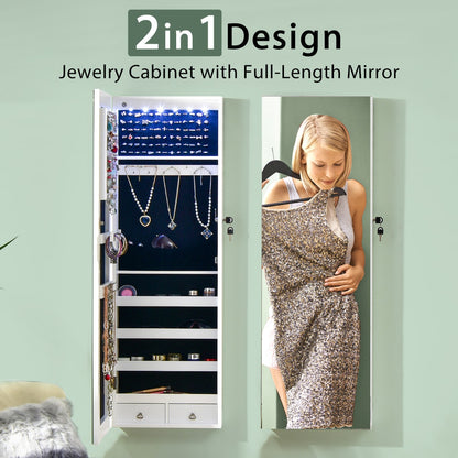 Mirrored Jewelry Storage Cabinet with 6 LED Lights and 2 Drawers-White