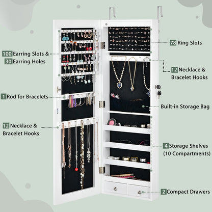 Mirrored Jewelry Storage Cabinet with 6 LED Lights and 2 Drawers-White