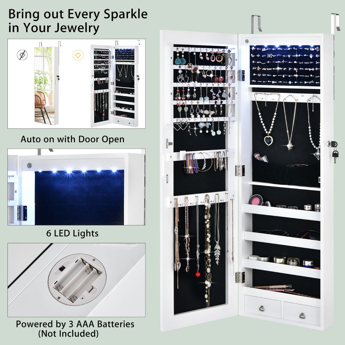 Mirrored Jewelry Storage Cabinet with 6 LED Lights and 2 Drawers-White
