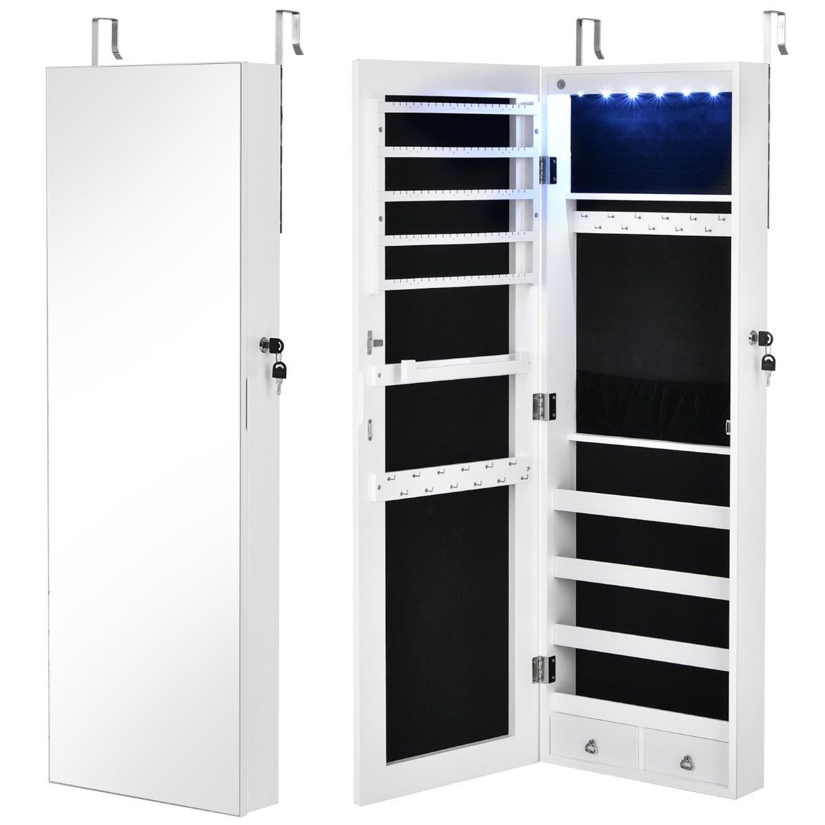 Mirrored Jewelry Storage Cabinet with 6 LED Lights and 2 Drawers-White