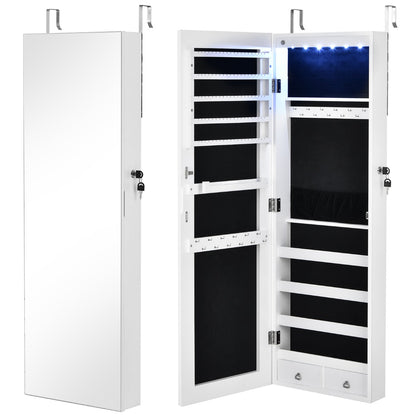 Mirrored Jewelry Storage Cabinet with 6 LED Lights and 2 Drawers-White