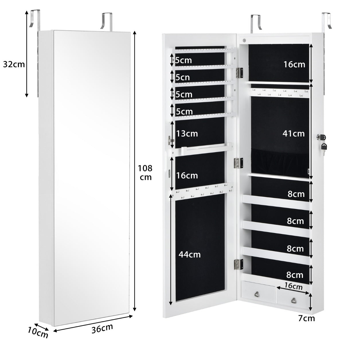 Mirrored Jewelry Storage Cabinet with 6 LED Lights and 2 Drawers-White