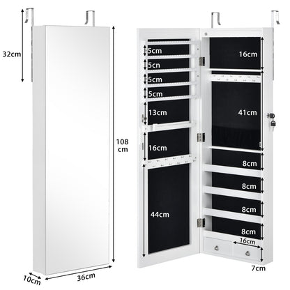 Mirrored Jewelry Storage Cabinet with 6 LED Lights and 2 Drawers-White