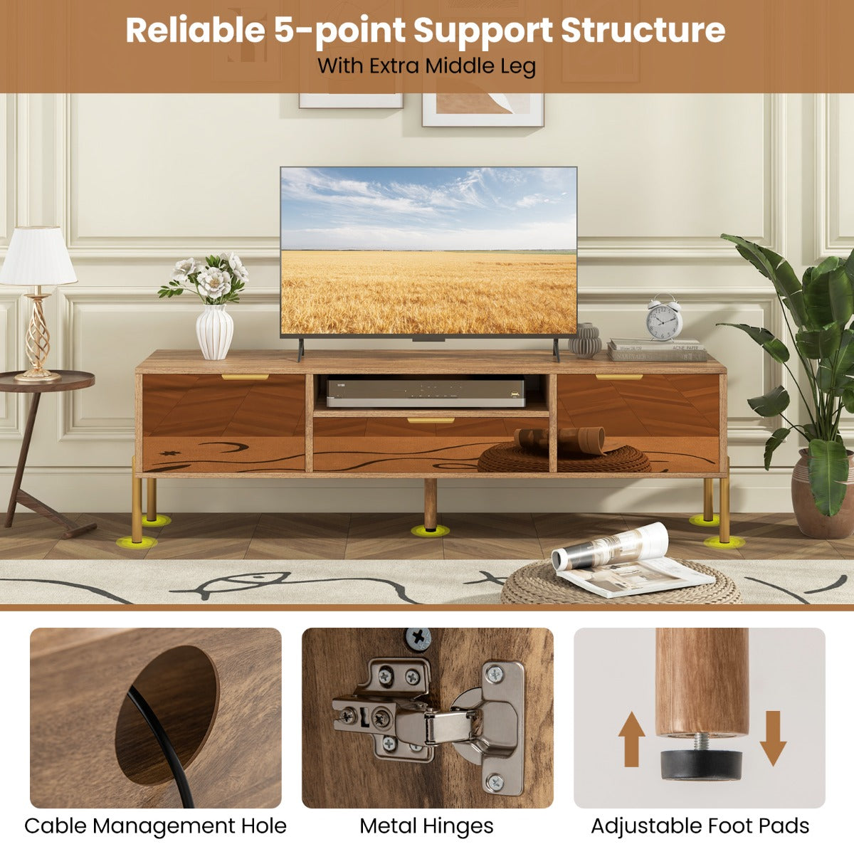 Mirrored TV Stand for TV up to 65 Inch with Spacious Tabletop-Natural
