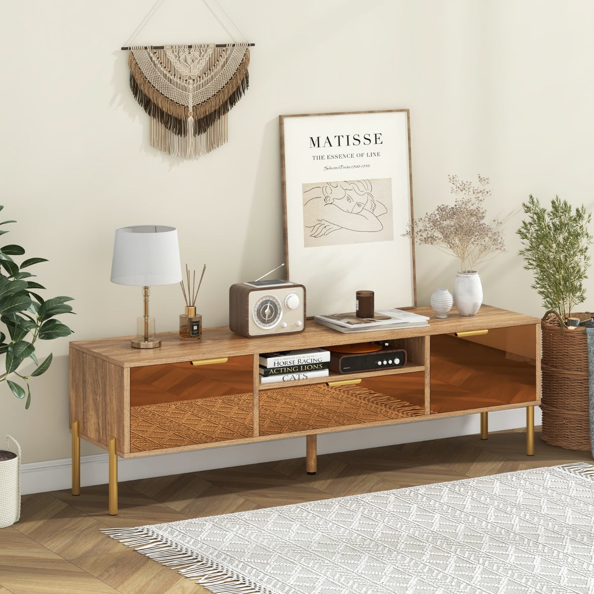 Mirrored TV Stand for TV up to 65 Inch with Spacious Tabletop-Natural