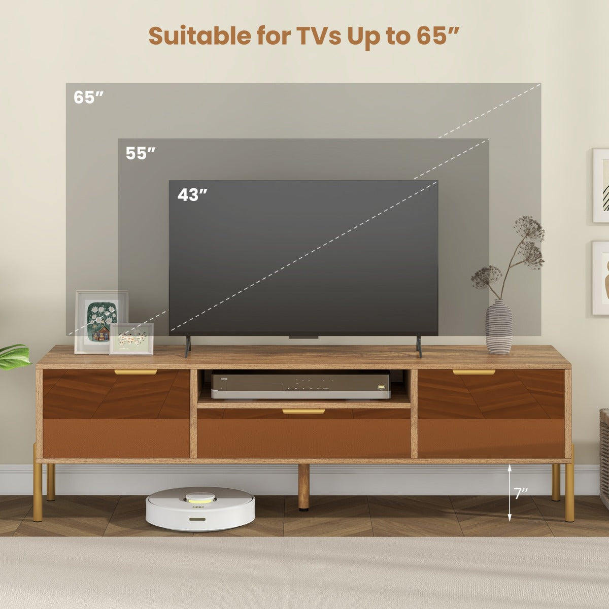 Mirrored TV Stand for TV up to 65 Inch with Spacious Tabletop-Natural
