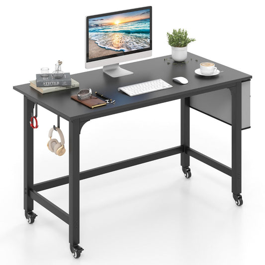 Rolling black and rustic brown computer desk keeps home office workspaces organized and clear