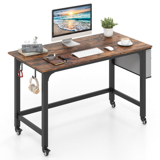 Costway Mobile Computer Desk 120cm Home Office Desk with Storage Bag-Rustic Brown