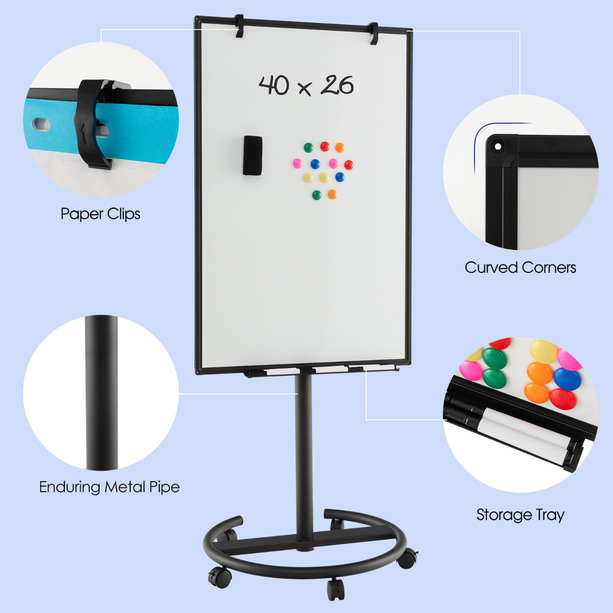 Mobile Dry Erase Whiteboard with Height Adjustable Stand-Black