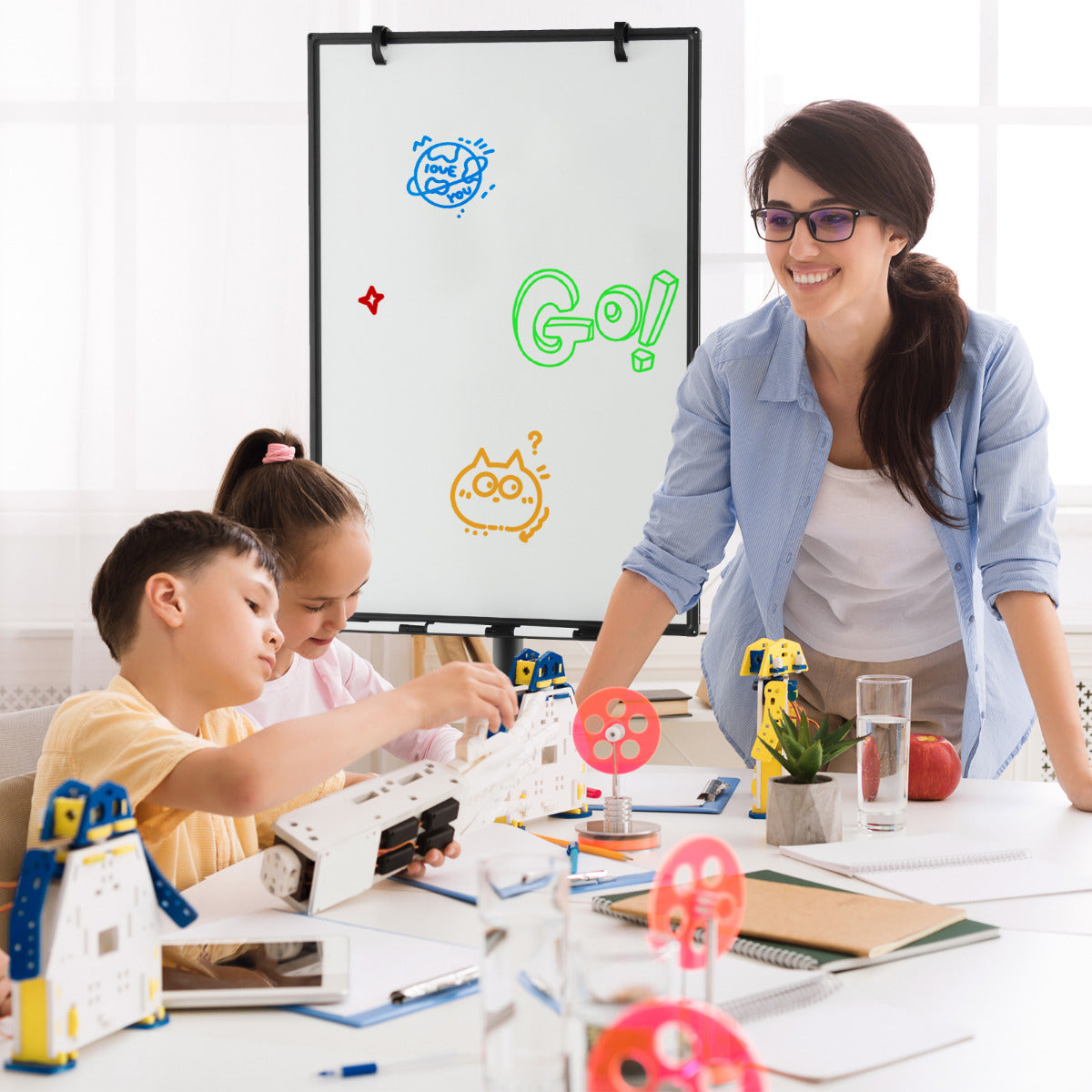Mobile Dry Erase Whiteboard with Height Adjustable Stand-Black