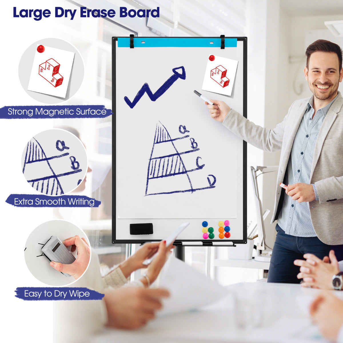 Mobile Dry Erase Whiteboard with Height Adjustable Stand-Black