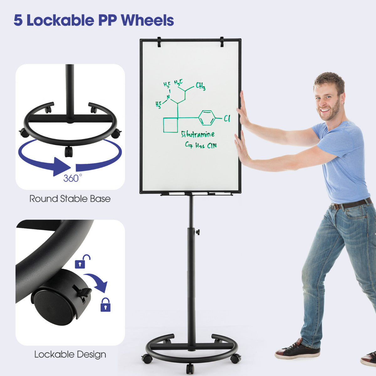 Mobile Dry Erase Whiteboard with Height Adjustable Stand-Black