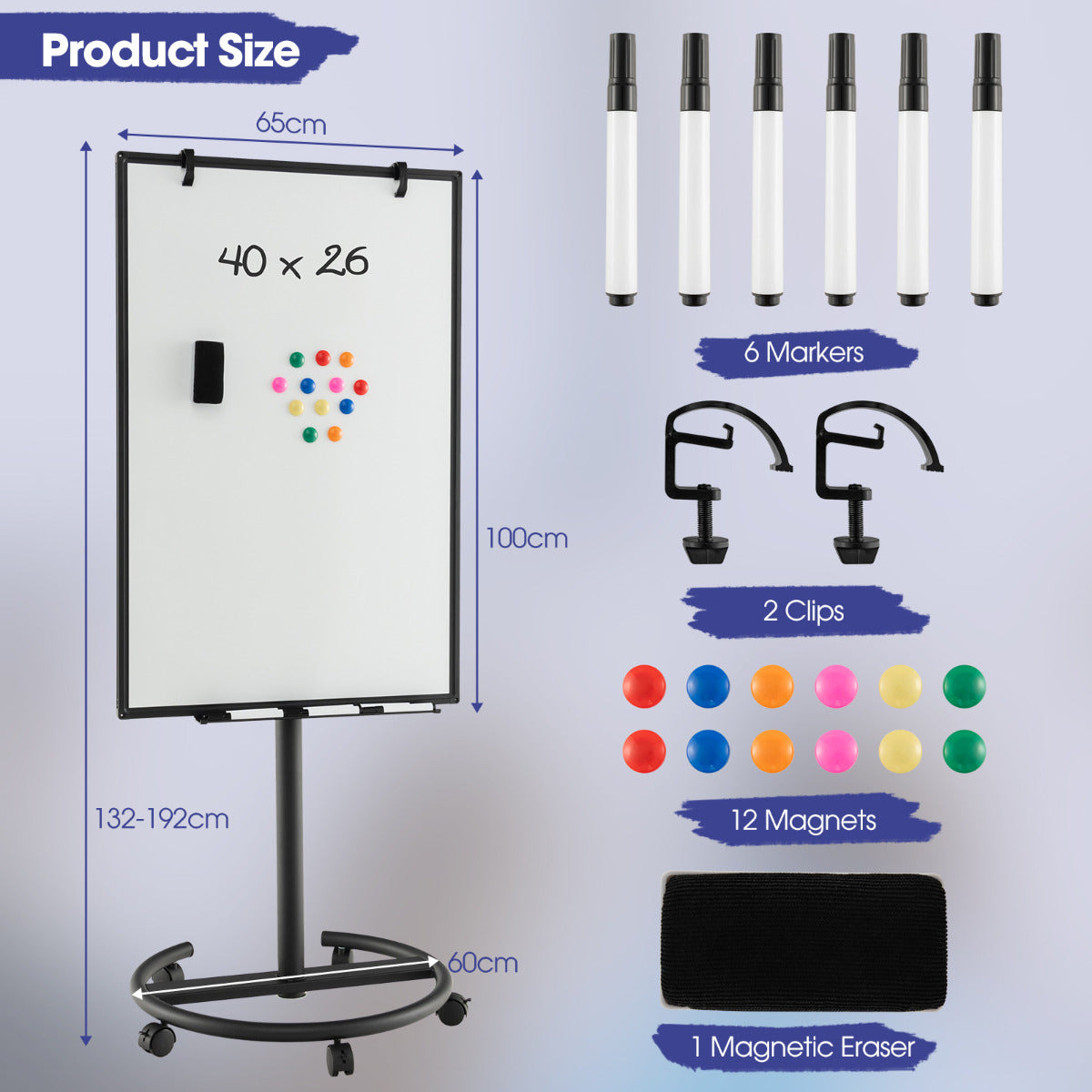 Mobile Dry Erase Whiteboard with Height Adjustable Stand-Black