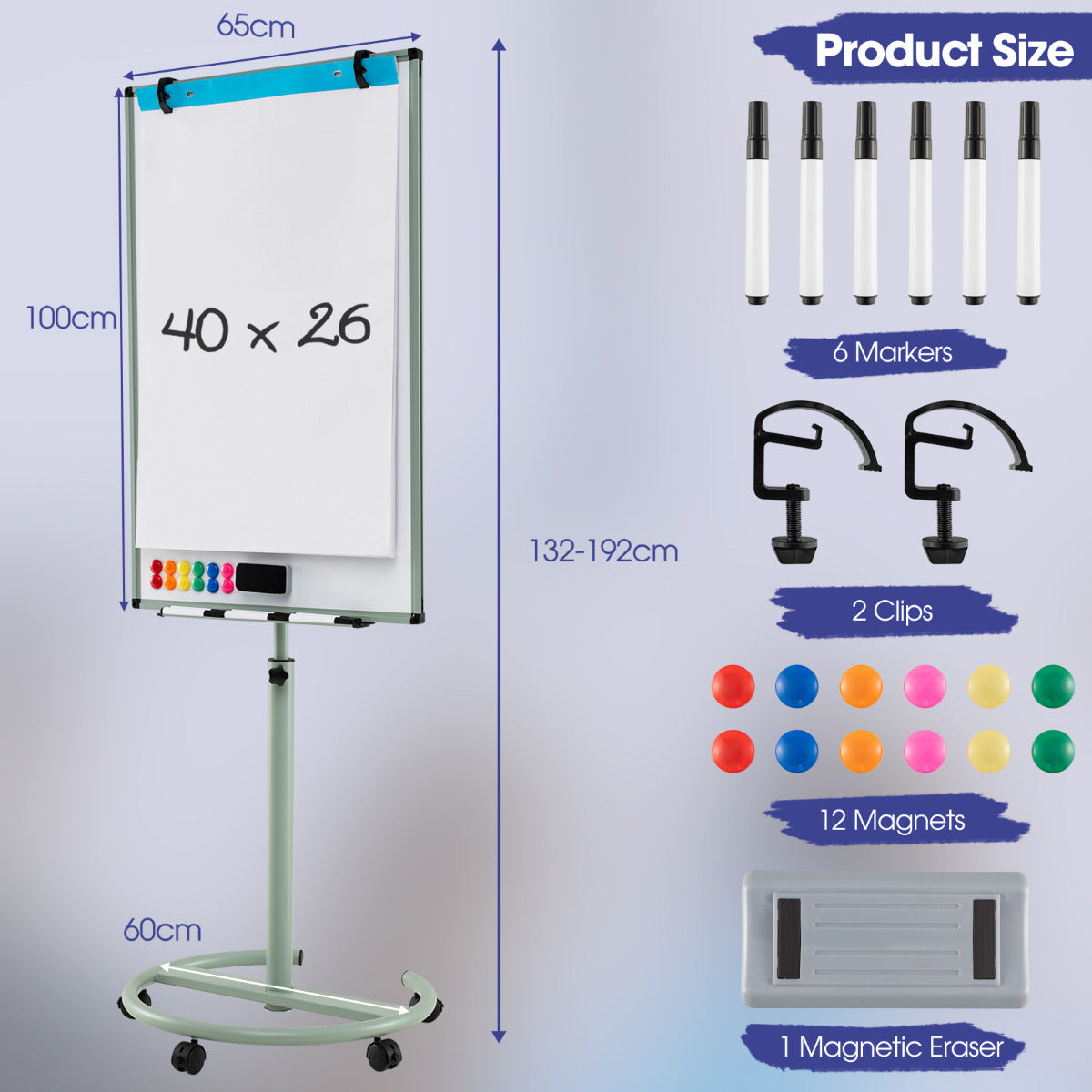 Mobile Dry Erase Whiteboard with Height Adjustable Stand-Grey