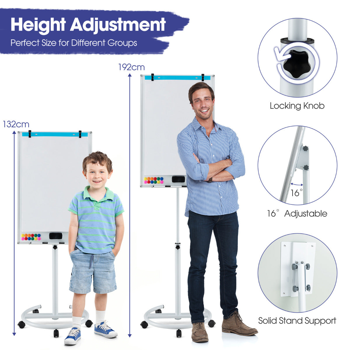 Mobile Dry Erase Whiteboard with Height Adjustable Stand-White