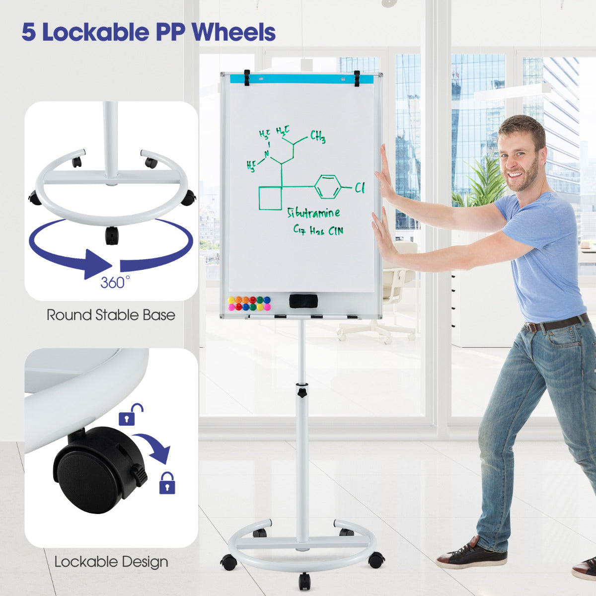 Mobile Dry Erase Whiteboard with Height Adjustable Stand-White