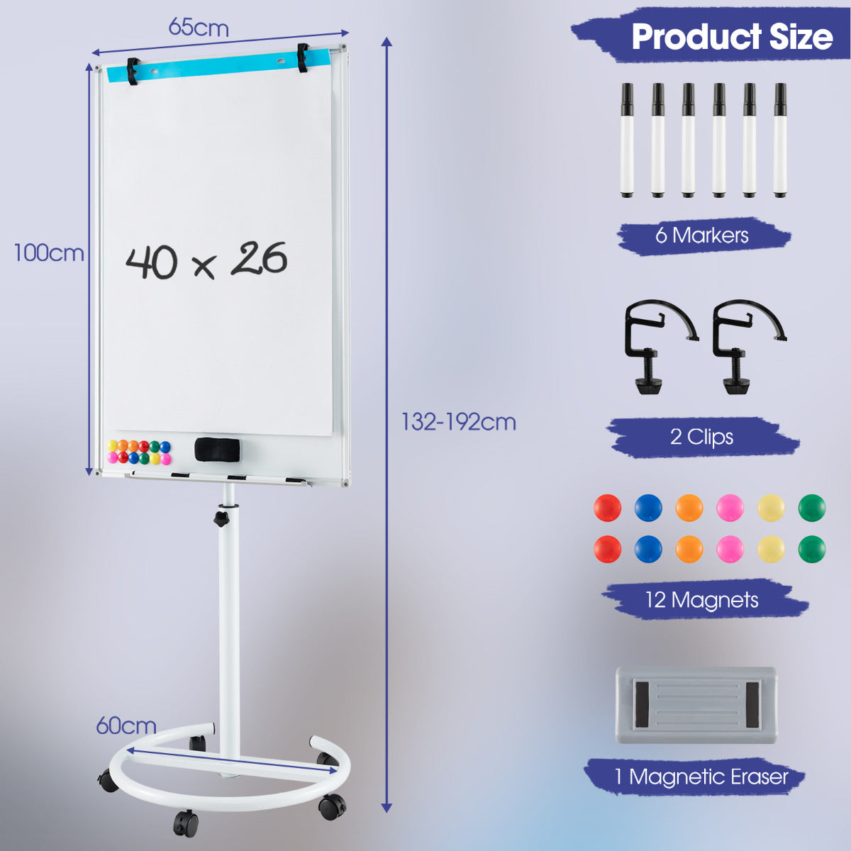 Mobile Dry Erase Whiteboard with Height Adjustable Stand-White